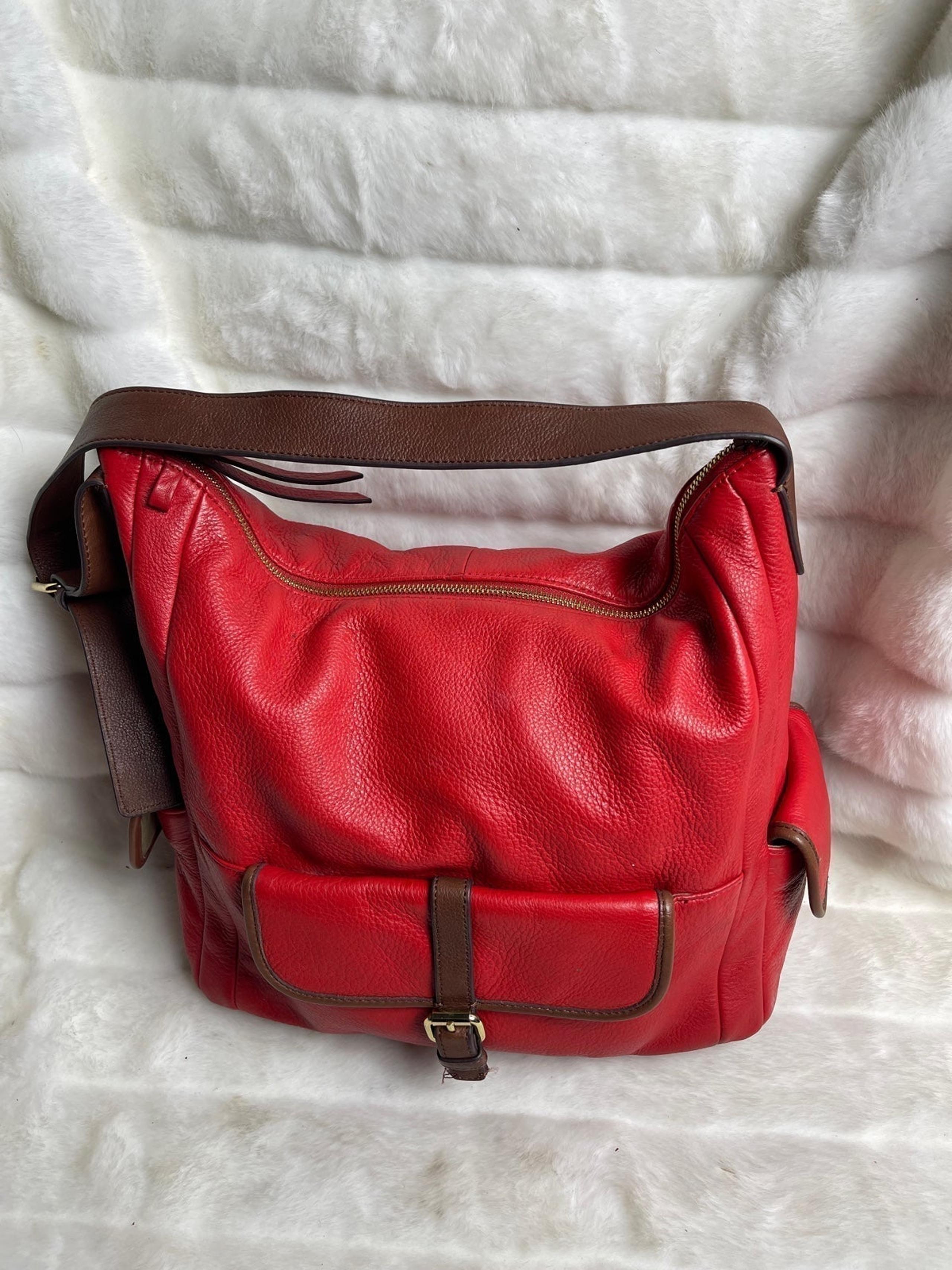 Isaac Mizrahi leather blood orange red shoulder bag with brown trims. and gold t