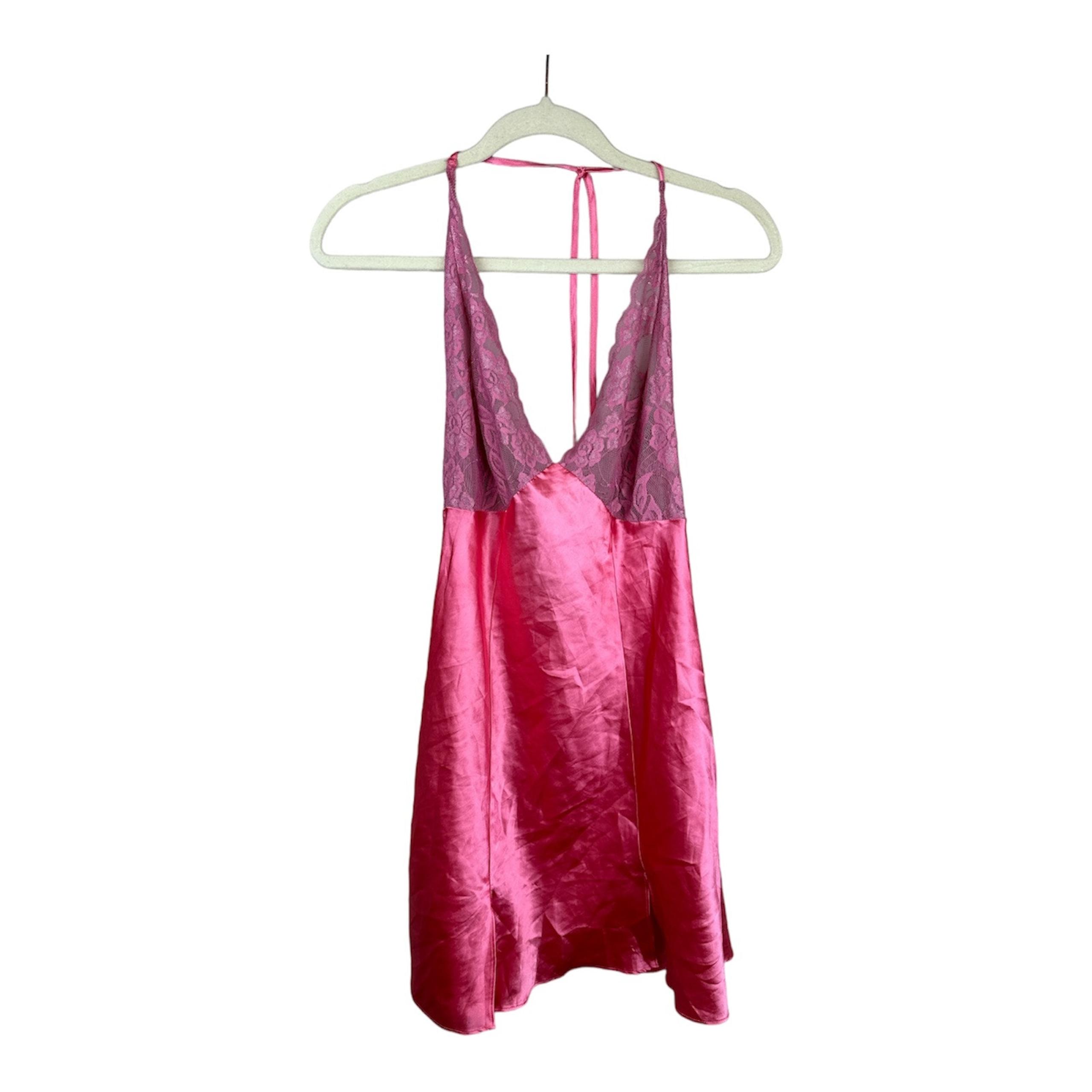 Frederick's of Hollywood Nightgown Medium Pink Satin Halter Lace Lingerie Sleep