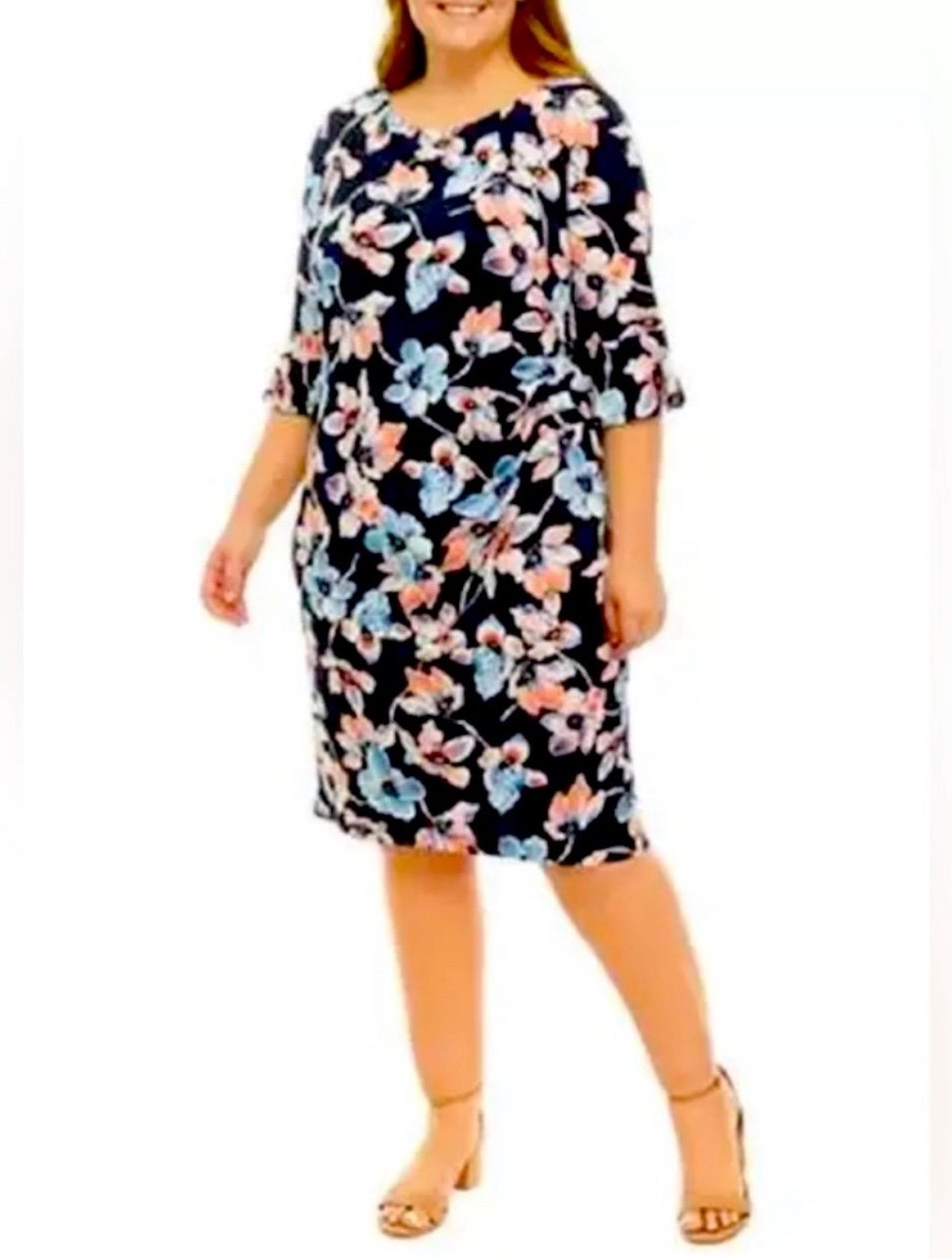 Connected Apparel Plus Size 3/4 Bell Sleeve Floral Midi Dress