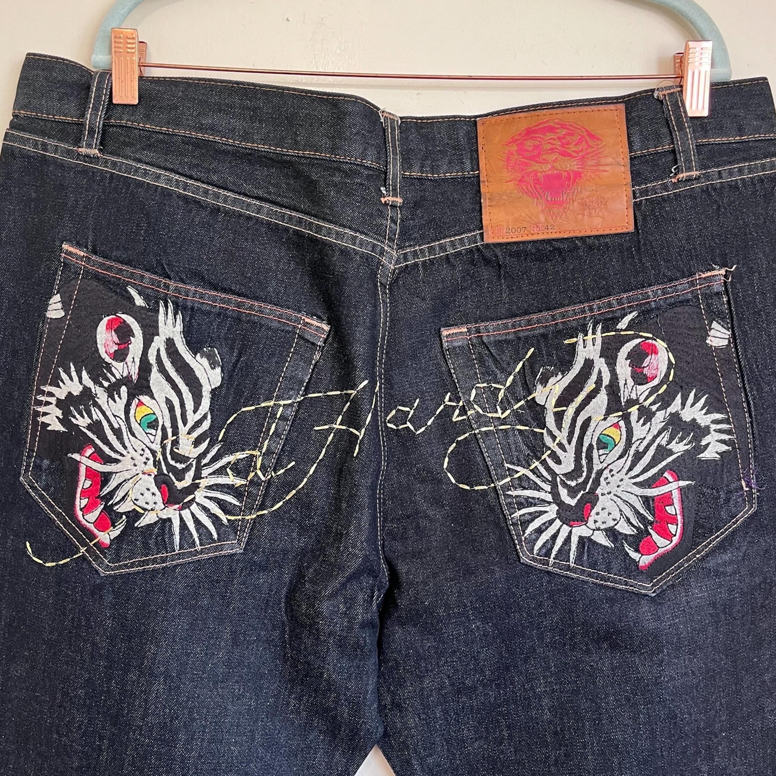Ed Hardy Y2K Japan Tiger Snake Dragon Men Jeans Size 42 Black Embroidered Baggy