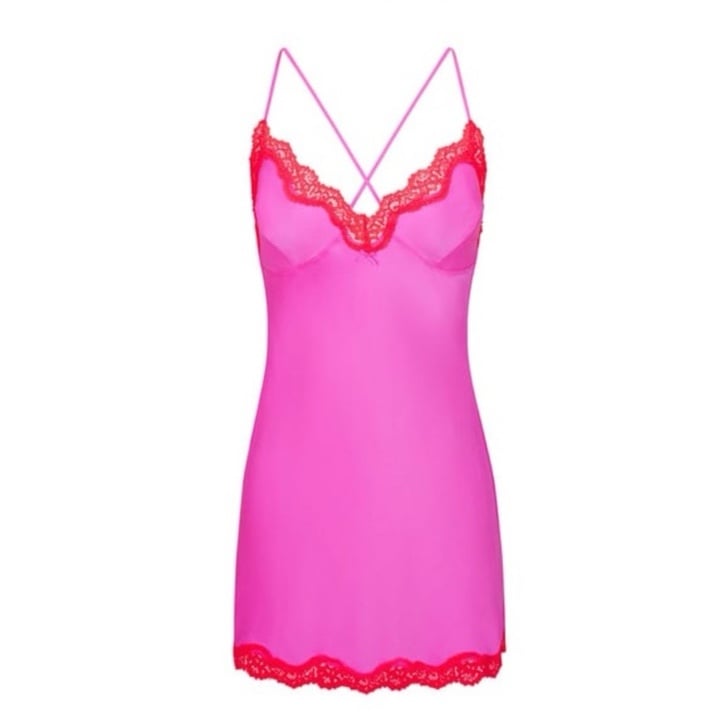 Skims Lace Trimmed Silk Slip Dress - Neon Orchid - Small
