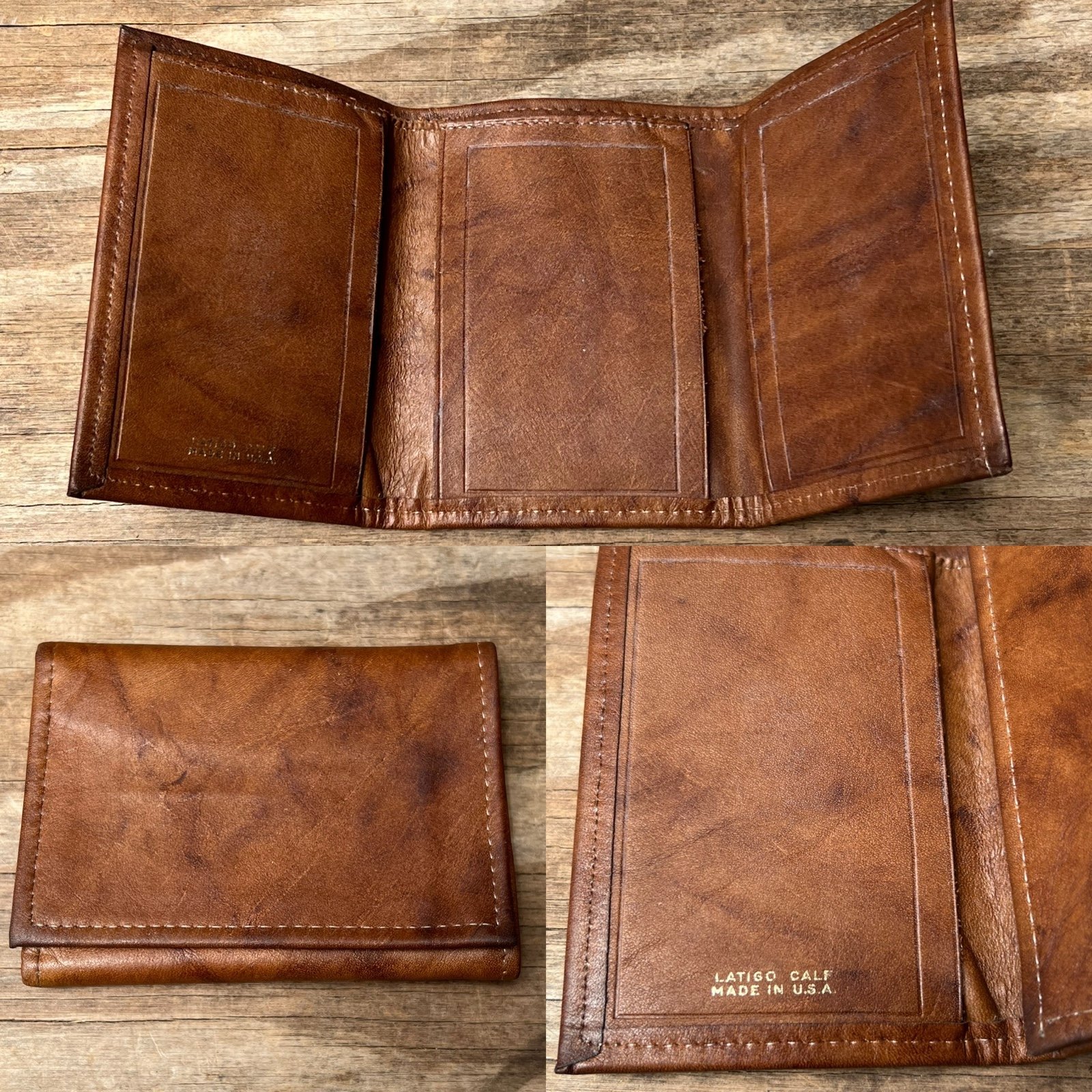 VTG LATIGO Brown Calf Leather Shabby Bro Wallet Marble Stained Single Stitch