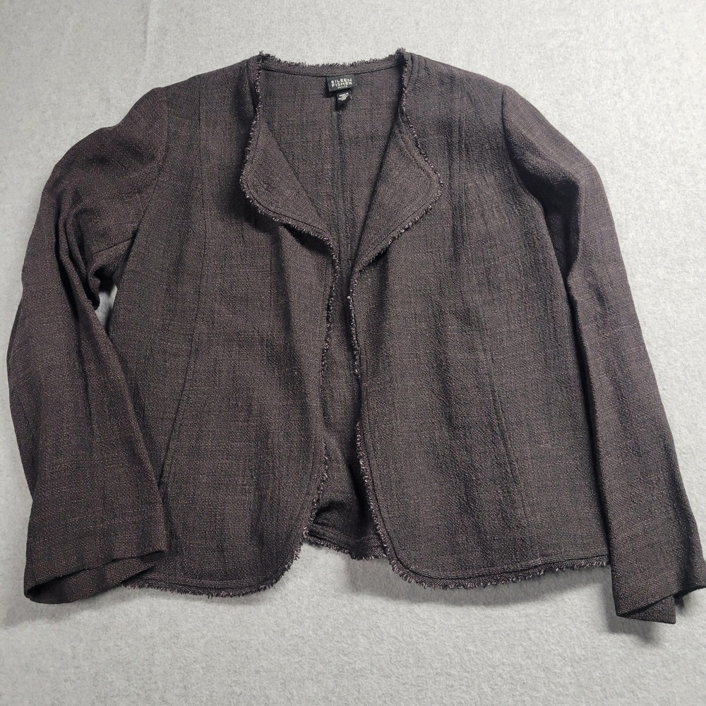 Eileen Fisher Jacket Blazer Womens PMedium Black Heather Linen Blend Raw Edges