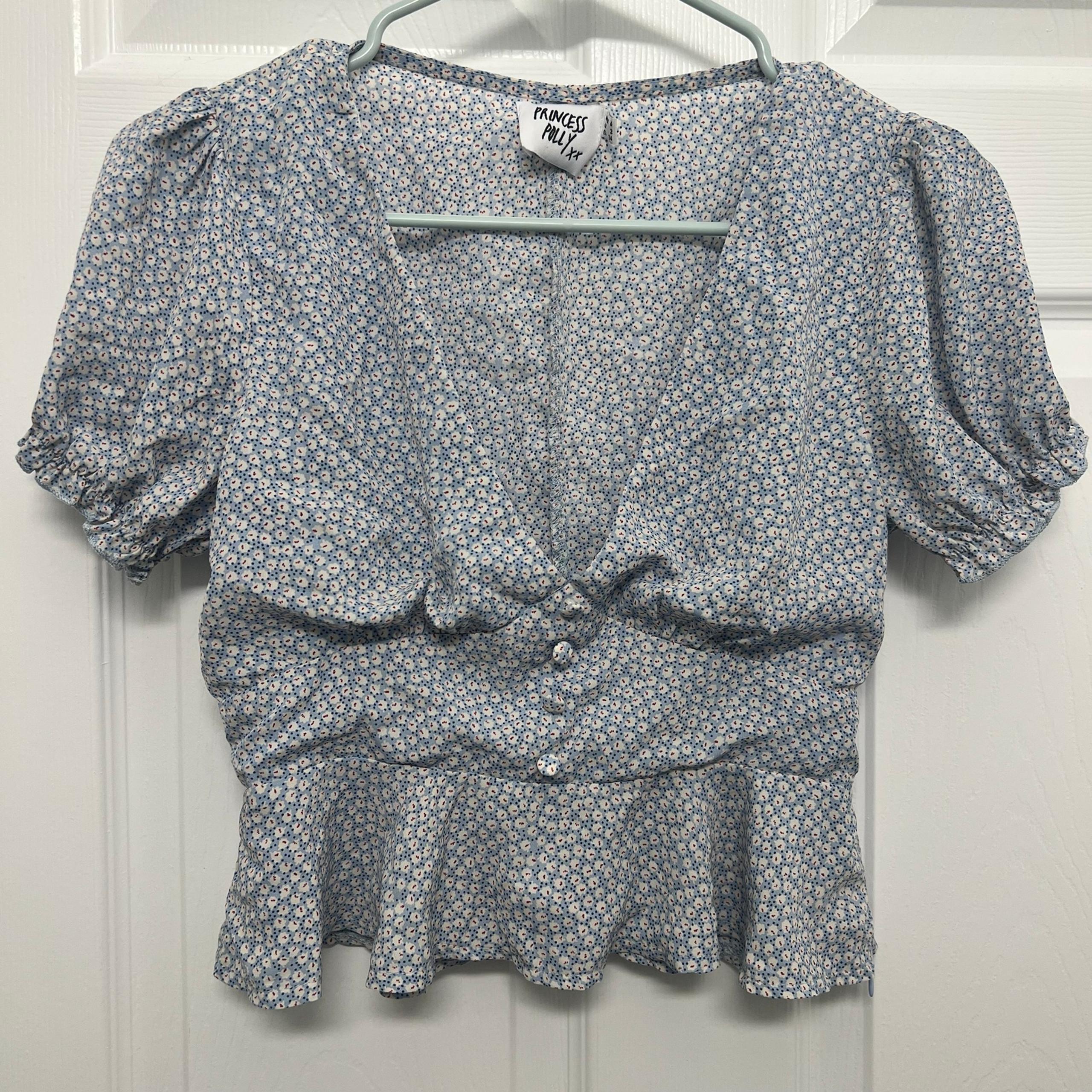 Princess Polly Blue Floral Jamia Blouse Women’s Size 2 Puff Sleeve Peplum Ruffle