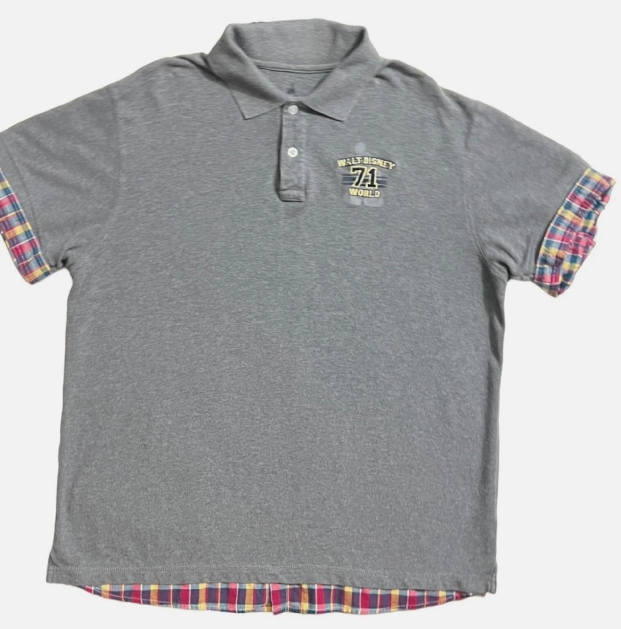 Disney Parks 71 Men's Polo Shirt Embroidered Logo Casual Gray Plaid Sz Large HTF