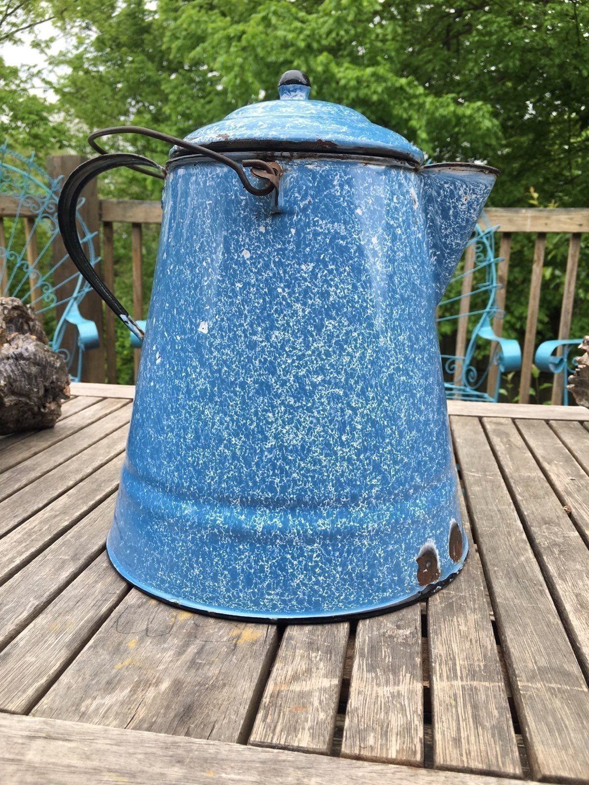Antique Large Graniteware Coffee Pot Blue & White Farmhouse Cowboy Kitchen