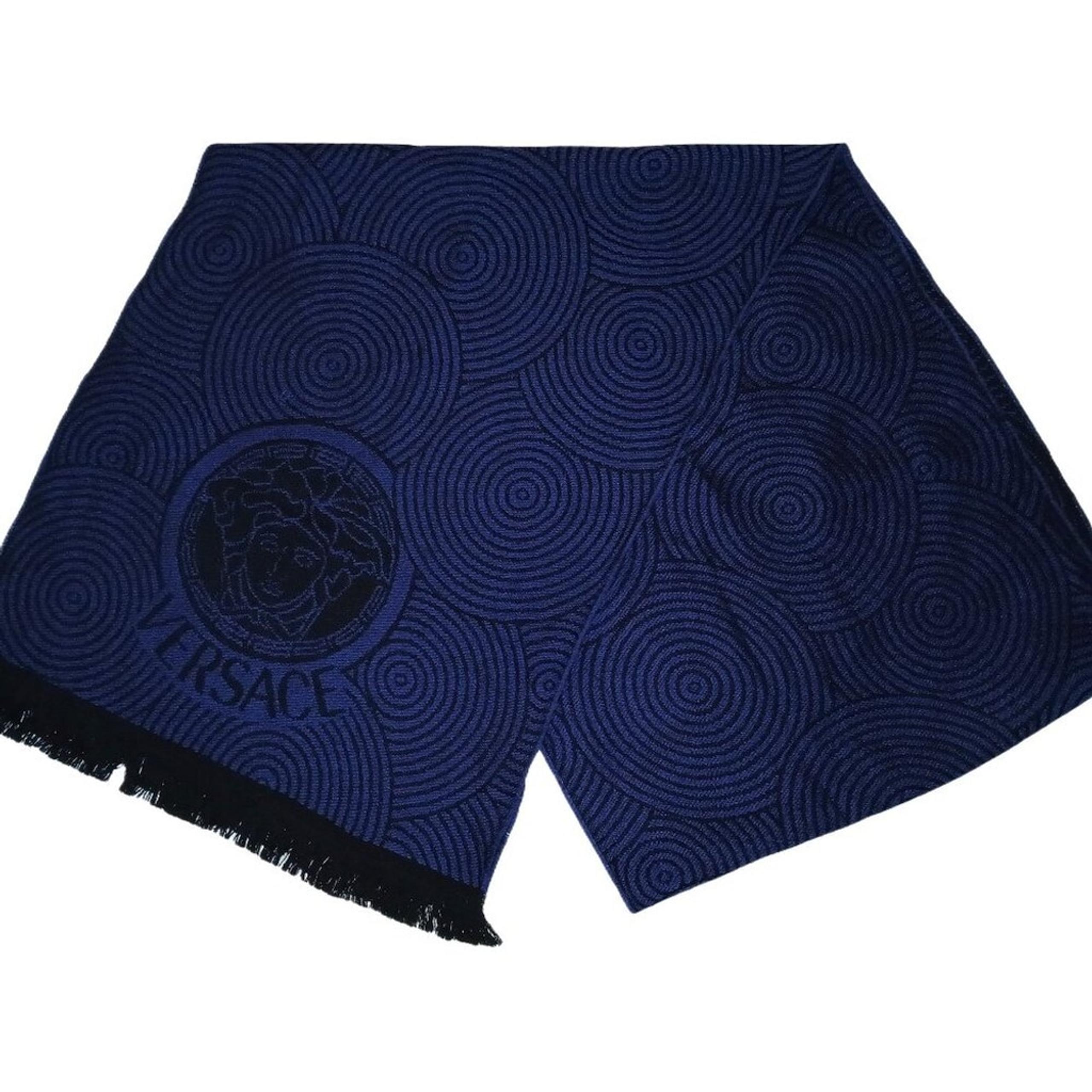 Versace Blue & Black Medusa Swirl Fringed Scarf Pre-Owned