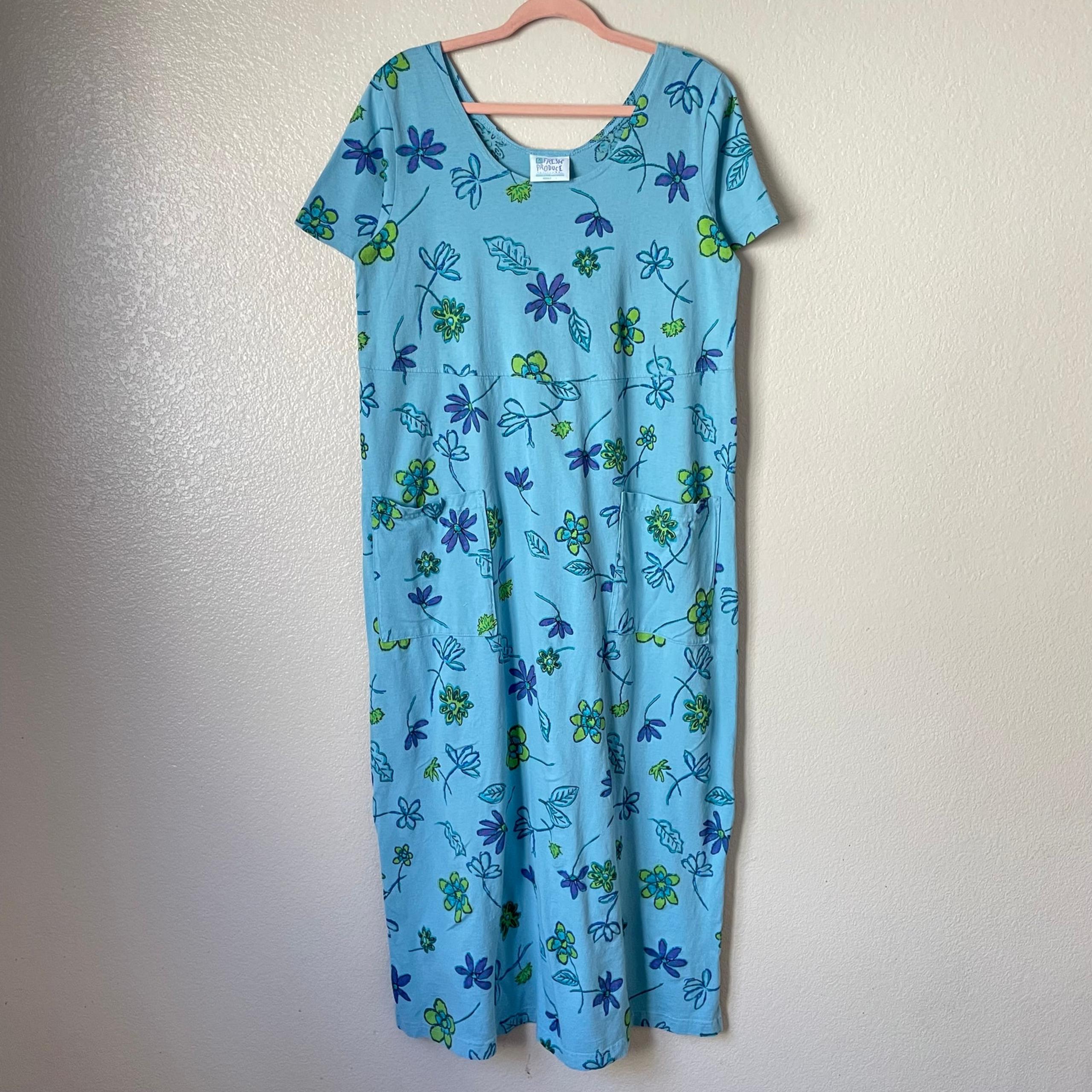 Fresh Produce Dress Womens Large Blue Midi Floral Pockets Knit Cotton Boho Retro
