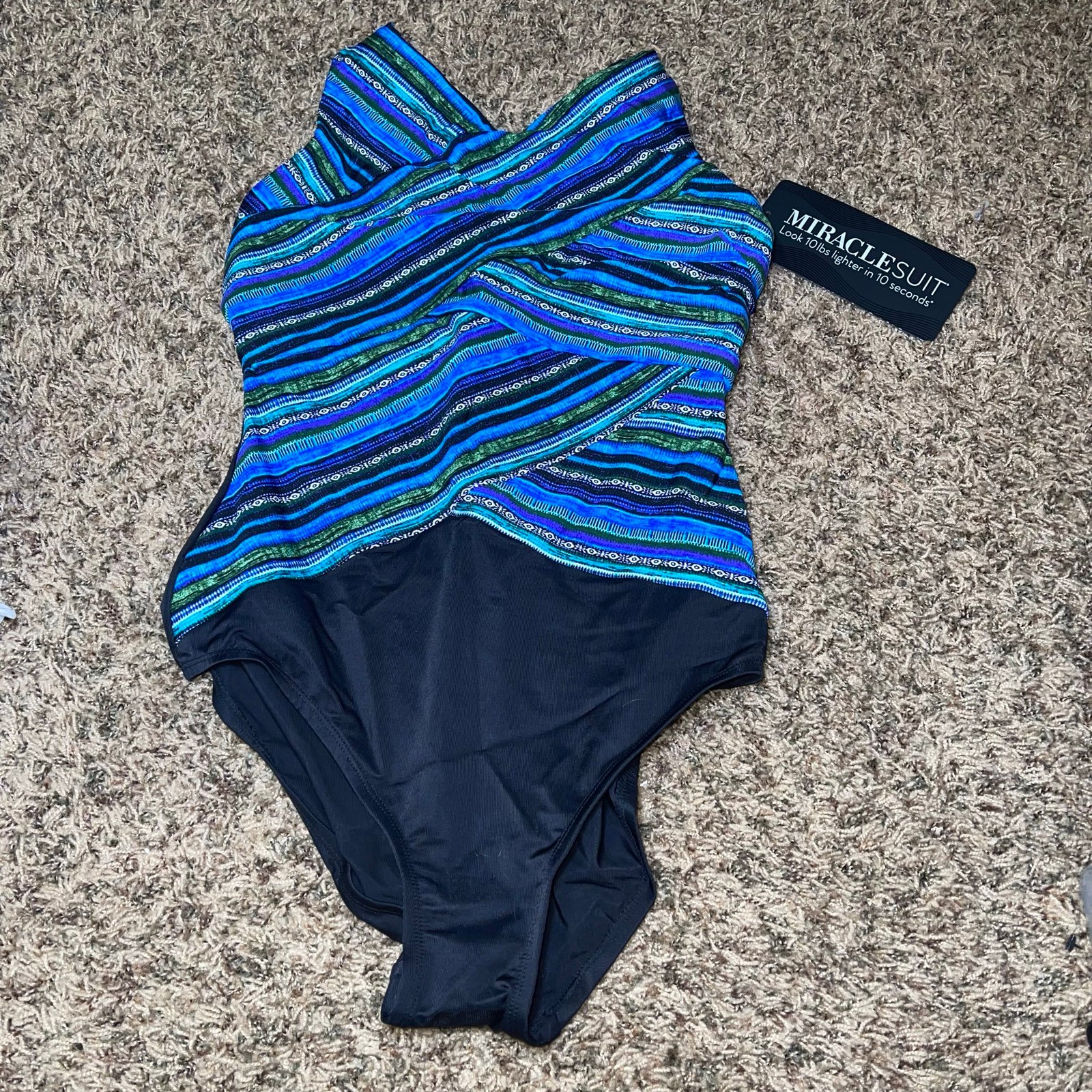 Miraclesuit Veranda Brio One Piece Swimsuit Size 14 Women’s Slimming Blue Black