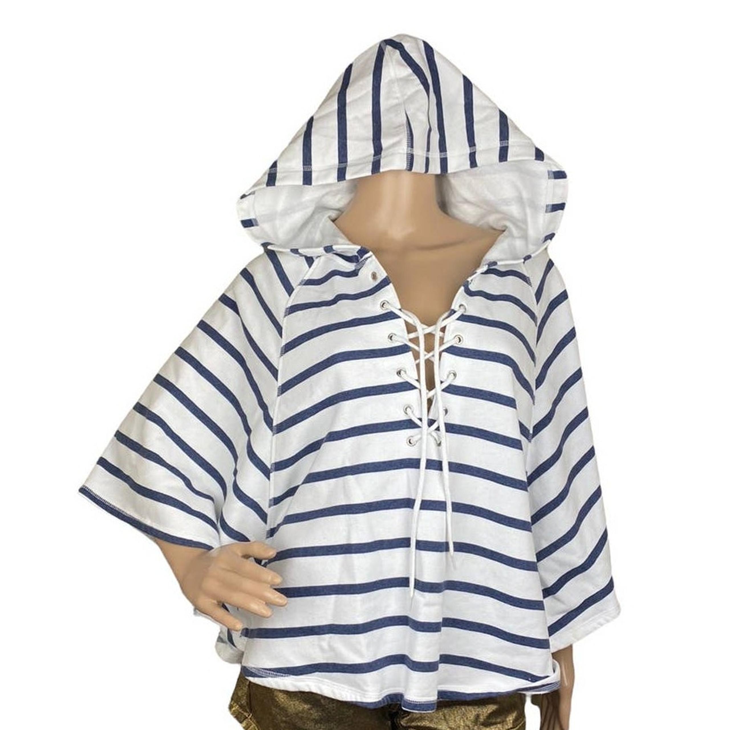 Victoria's Secret Women White Blue Stripes Lace Up Beach Poncho Hoodie Size S/P