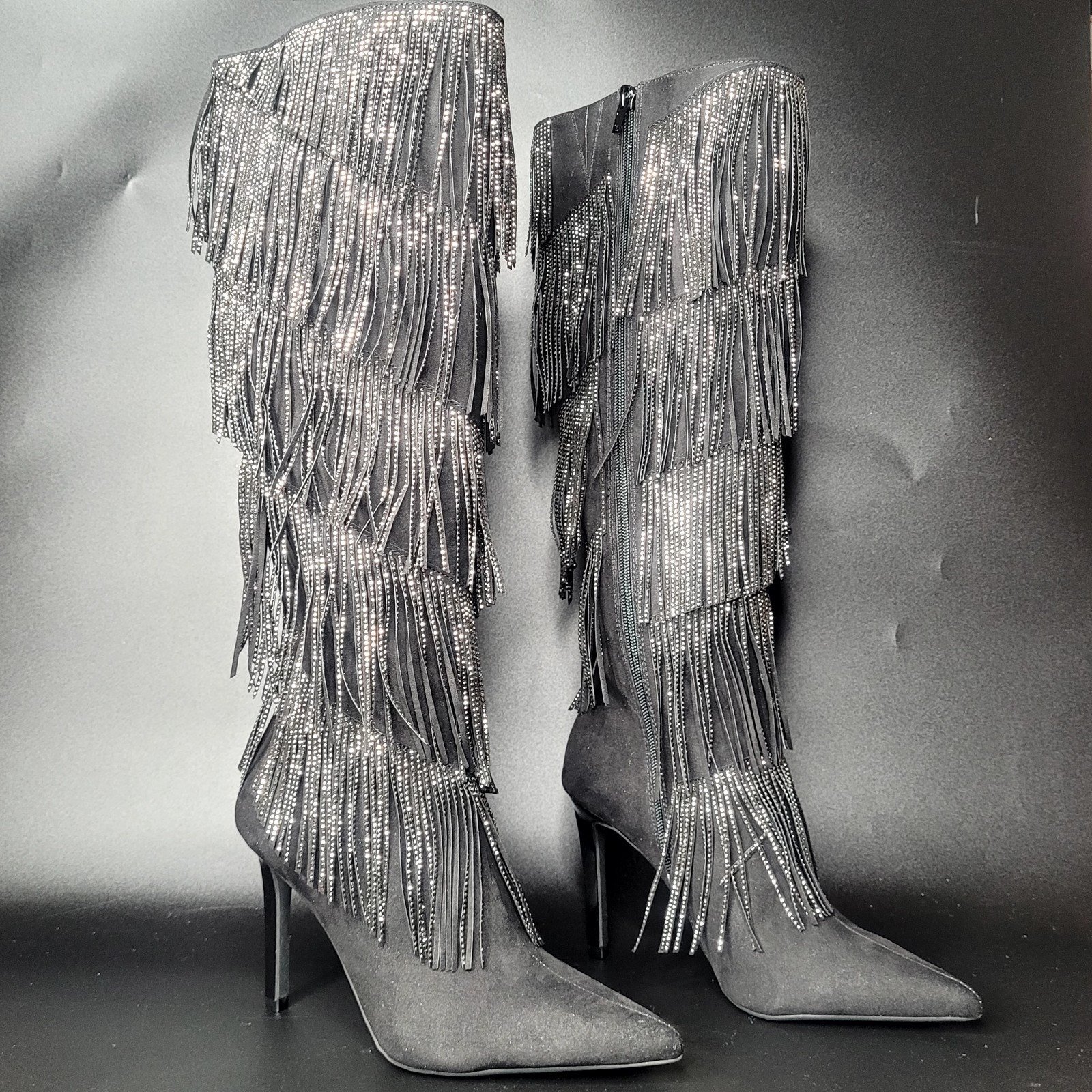 INC Shyn Black Faux Suede Embellished Fringe Western Cowgirl Boots Size 7 NWB