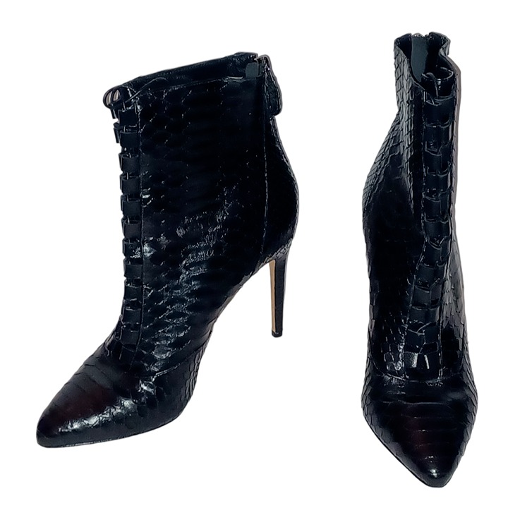 Alexandre Birman Size 37.5 Black Python Tie Front Point Toe High Heel Bootie