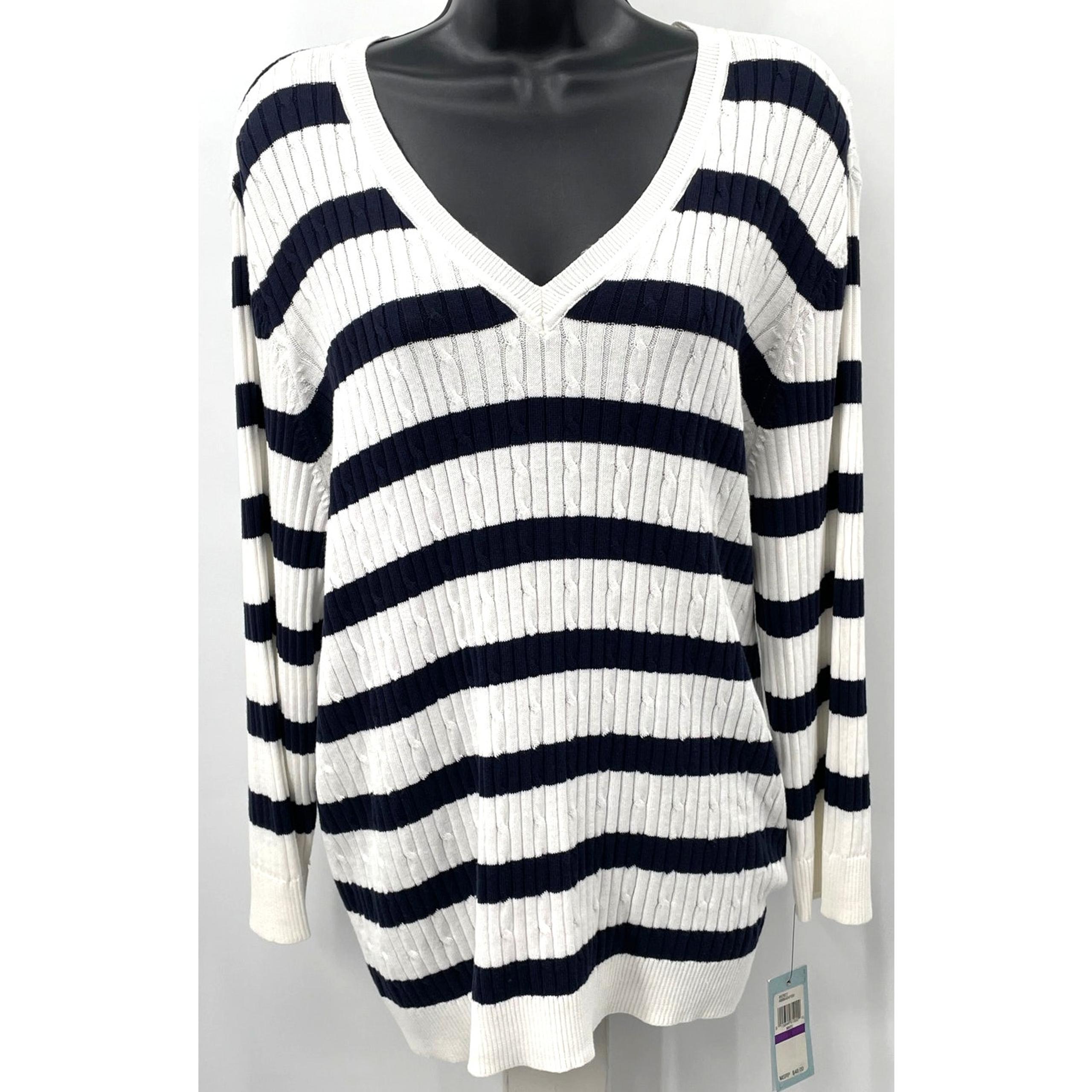NWT IZOD White & Navy Blue Striped V Neck Sweater Women's Size 2X