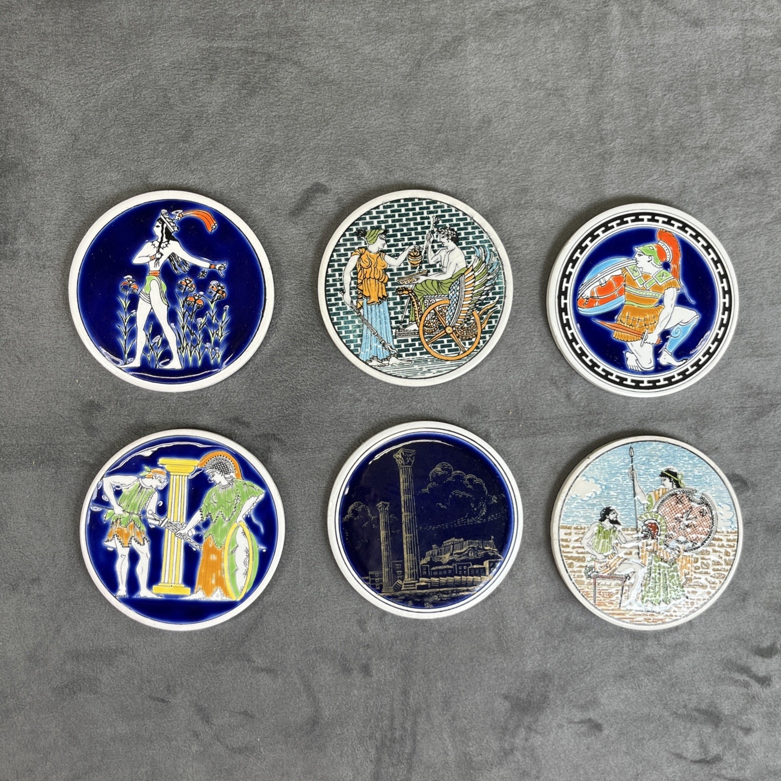 Set Of 6 Greek Handmade Ceramic Coasters Smaltotechniki Cermik Greece Charity