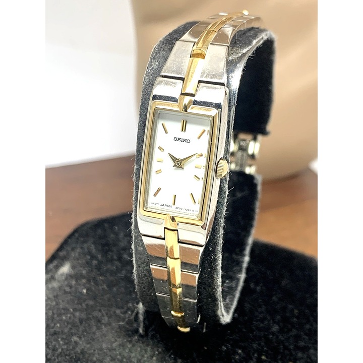 Seiko Women's Watch 2E20-0AY0 Quartz Petite Tank Rectangle White Dial Two Tone