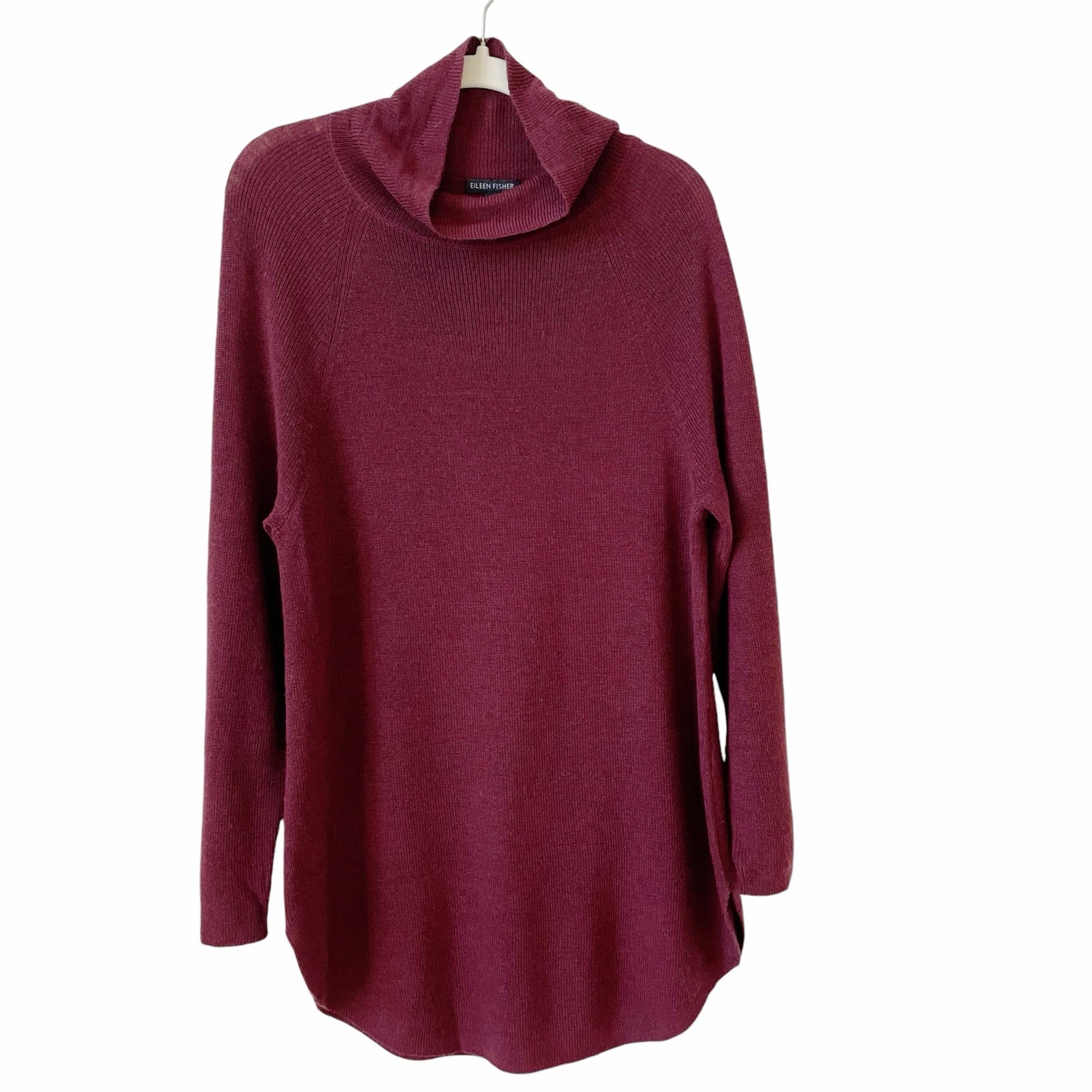 Eileen Fisher 100% Merino Wool Mock Neck Sweater Maroon Size Small Luxury Fall