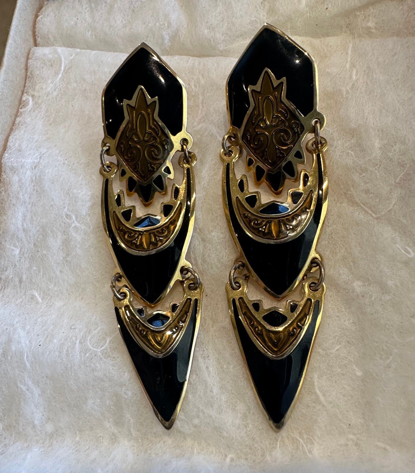 Vintage 1983 Edgar Berebi Jointed Earrings Gold Tone With Black Enamel Clip On