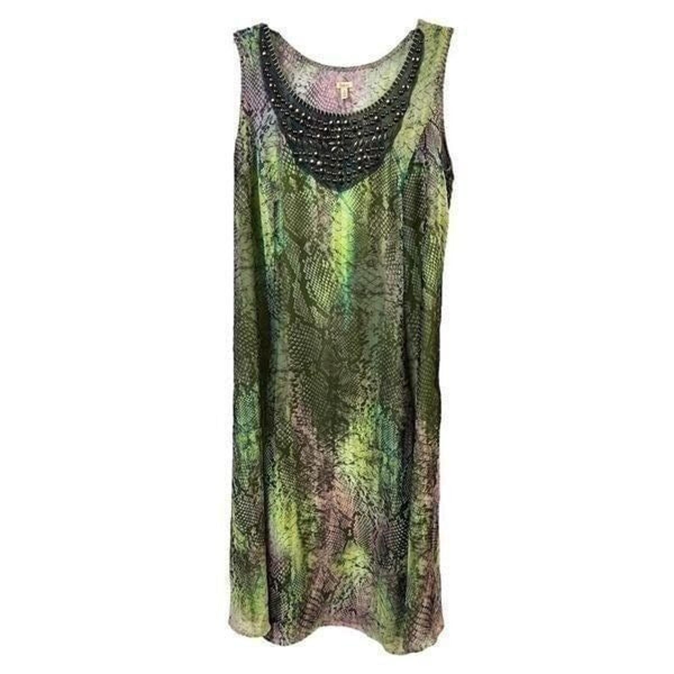 Reba Womens Sheath Dress Multicolor Snake Print Midi Beaded Sleeveless Cinch 4