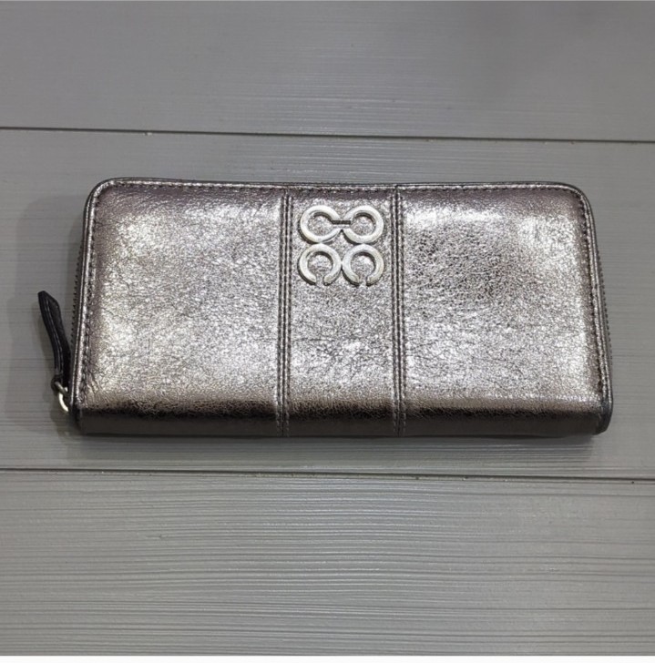 Coach Classic Metallic Silver and Purple Interior Leather Long Zip Wallet