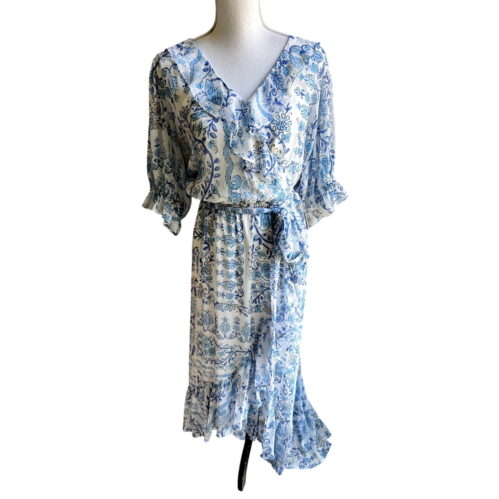 NWT Lauren Conrad blue floral chiffon ruffled wrap look maxi dress size 2X