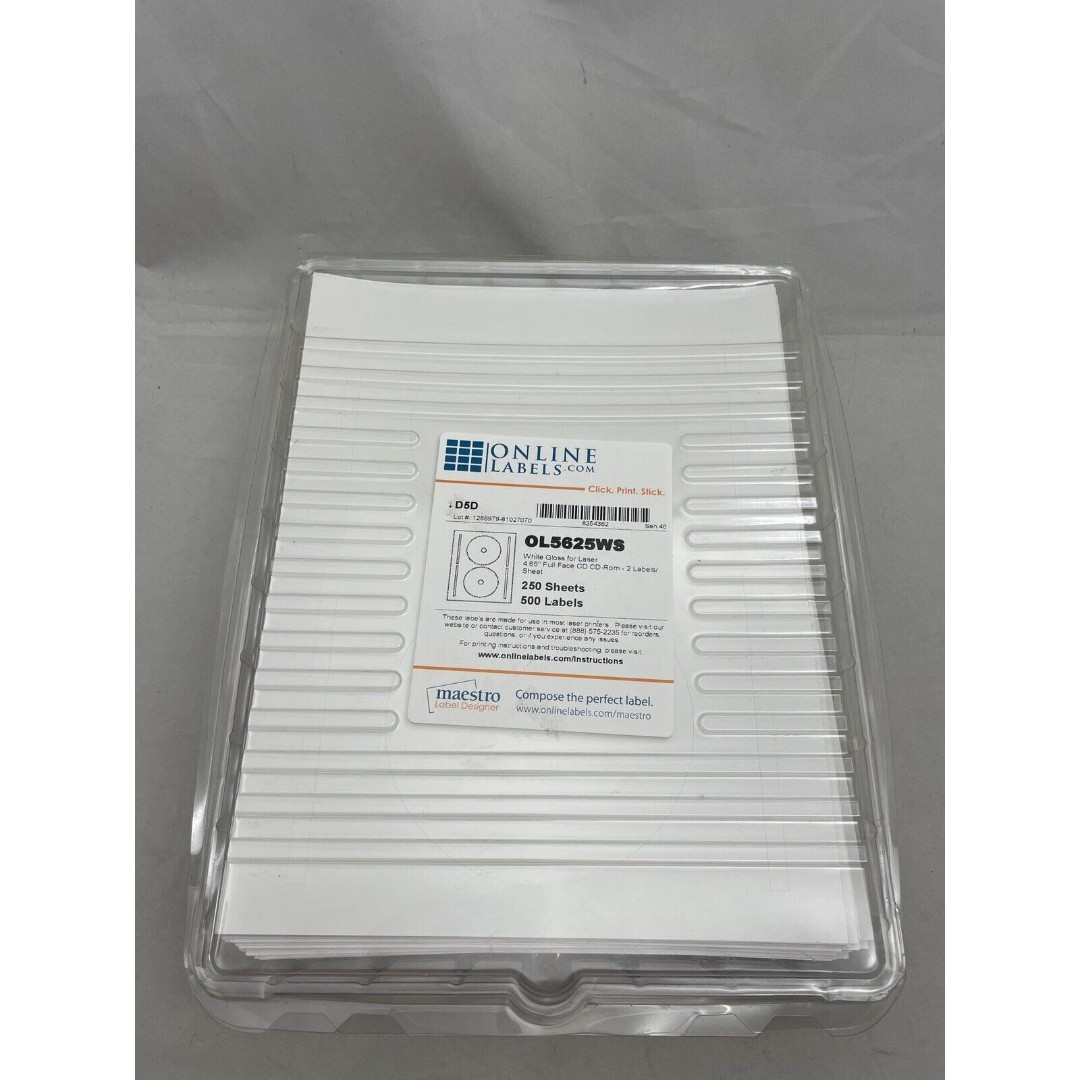 Online Labels OL5625WS 4.65 Full Face CD Rom White Gloss 250 sheets 500 Labels