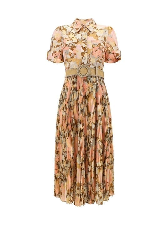 ZIMMERMANN SS24 Pop Pleated Belted Midi Dress - Gold/Peach Floral-Size 0/US 4