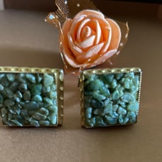 Vintage Green Jade Aventurine Chips Square Gold Tone Cufflinks