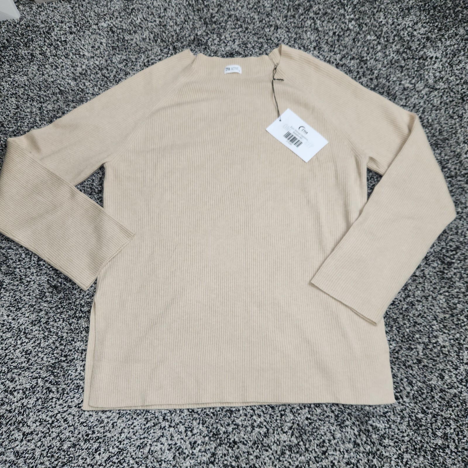 Zyia Ecru Ribbed Delphine Sweater, Cream/Beige, Stretch, Side Slit Women Size M