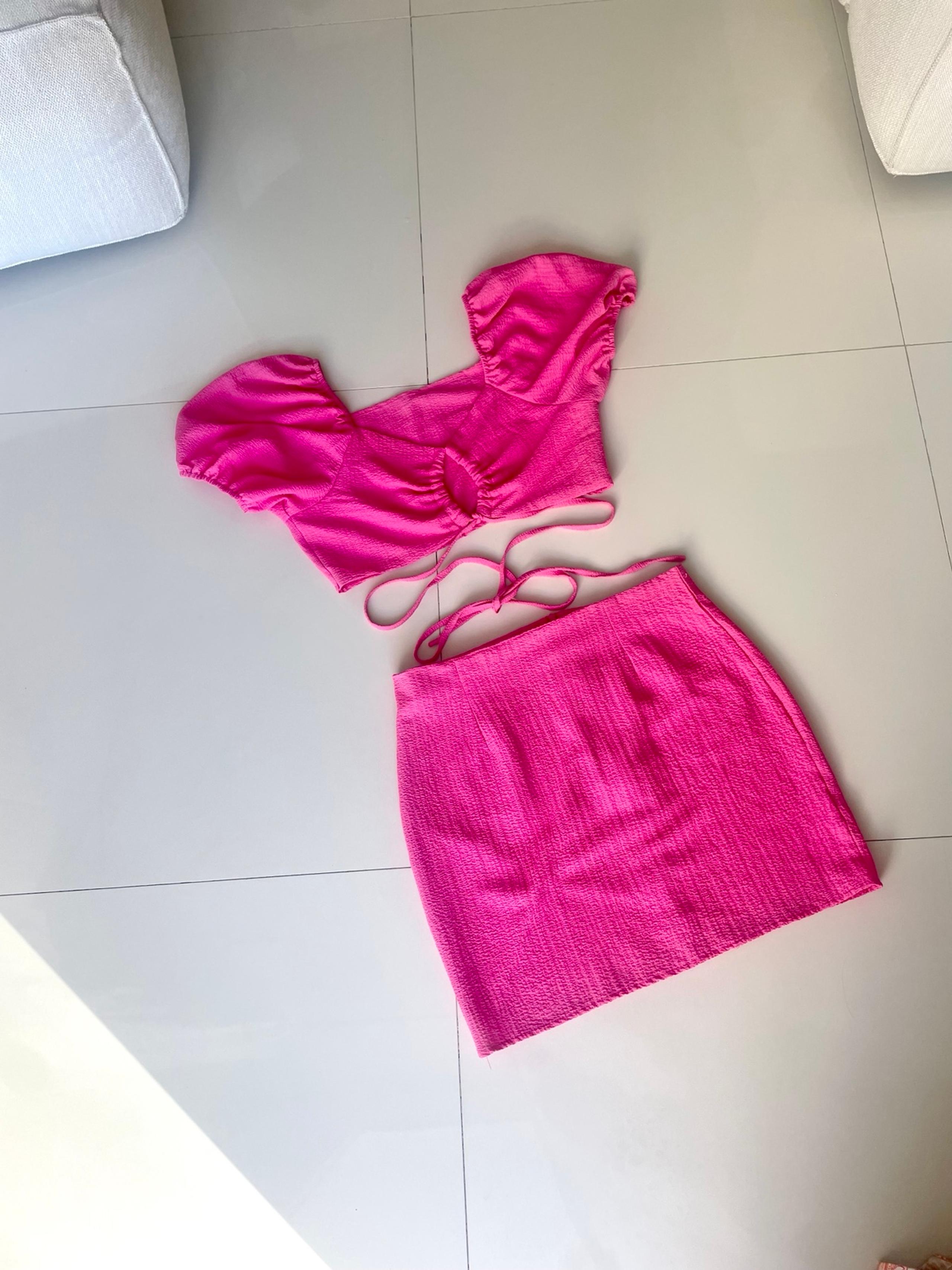 Linen Mini Skirt Set in Hot Pink