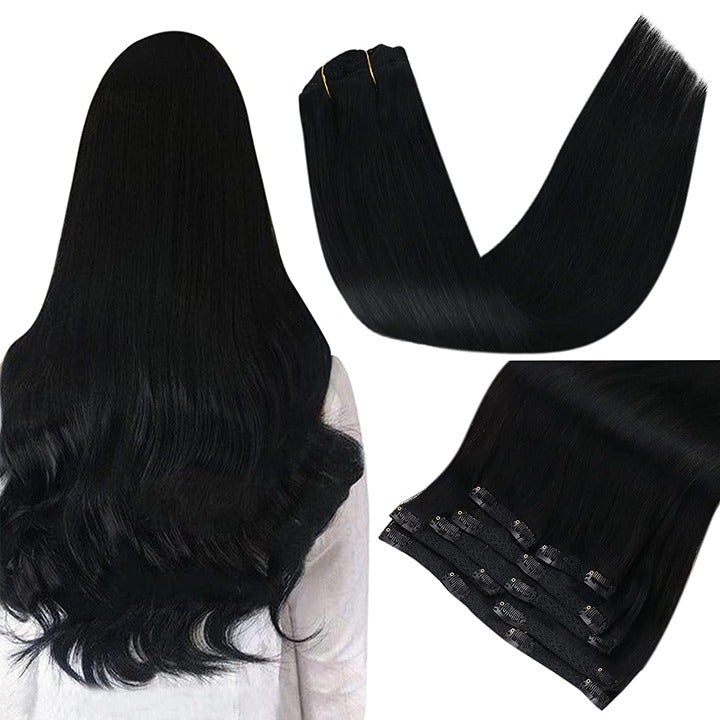 16 Inch Human Hair Clip in Extensions, Natural Black 7pcs 120g