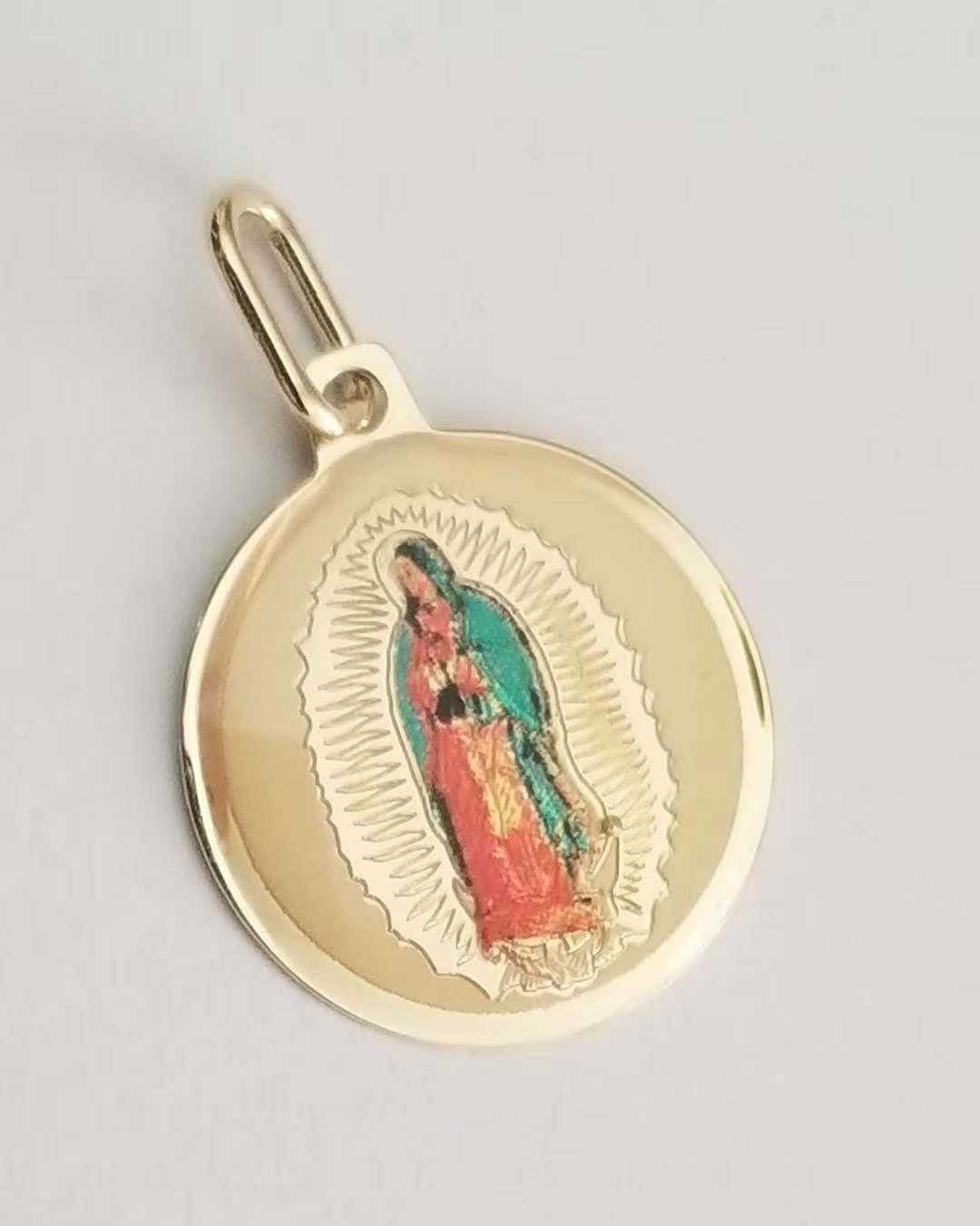14K Real Solid Gold Small Virgin Our Lady of Guadalupe Enamel Charm Pendant