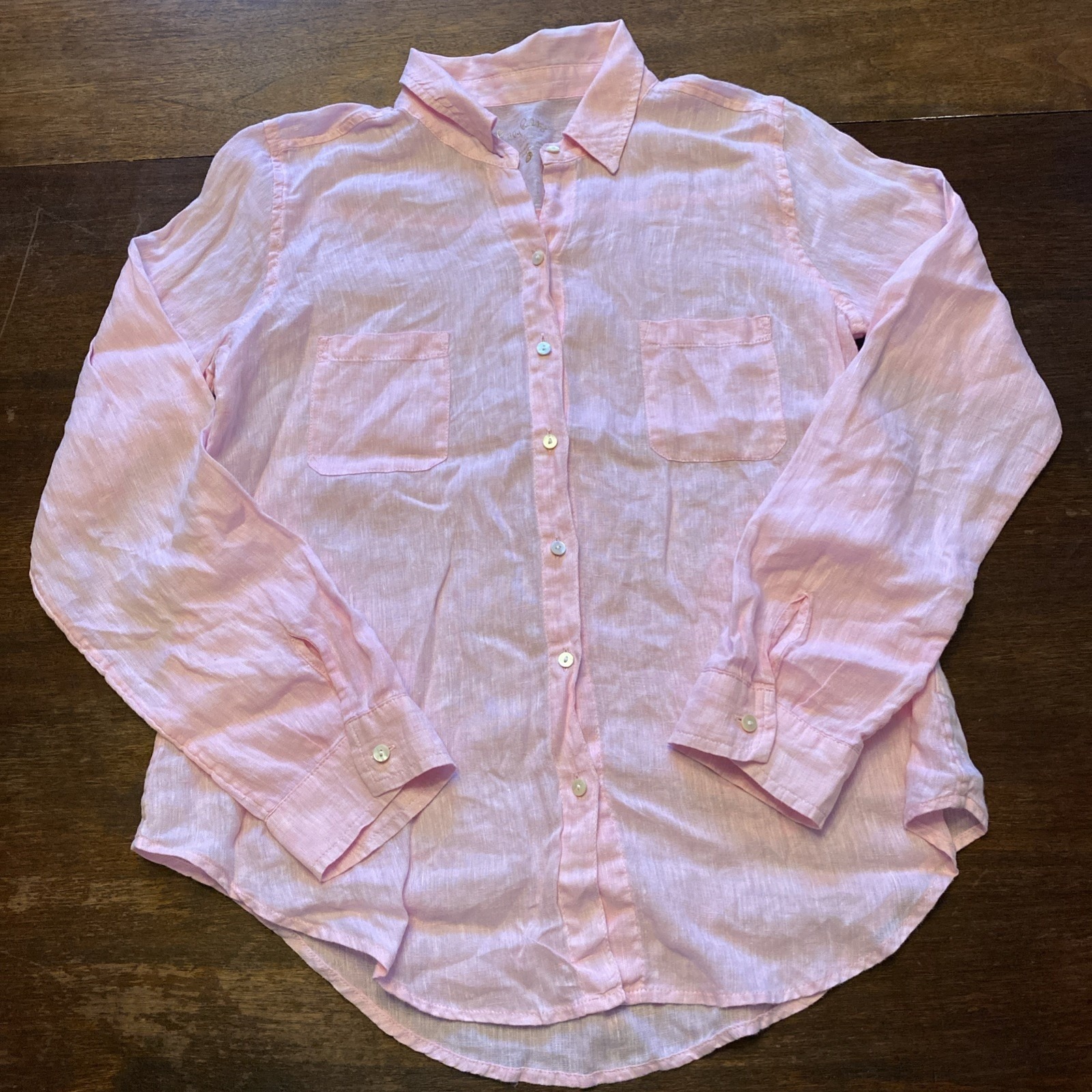 Lilly Pulitzer Shirt Women's Size L Pink 100% Linen Sea View Button Down Top