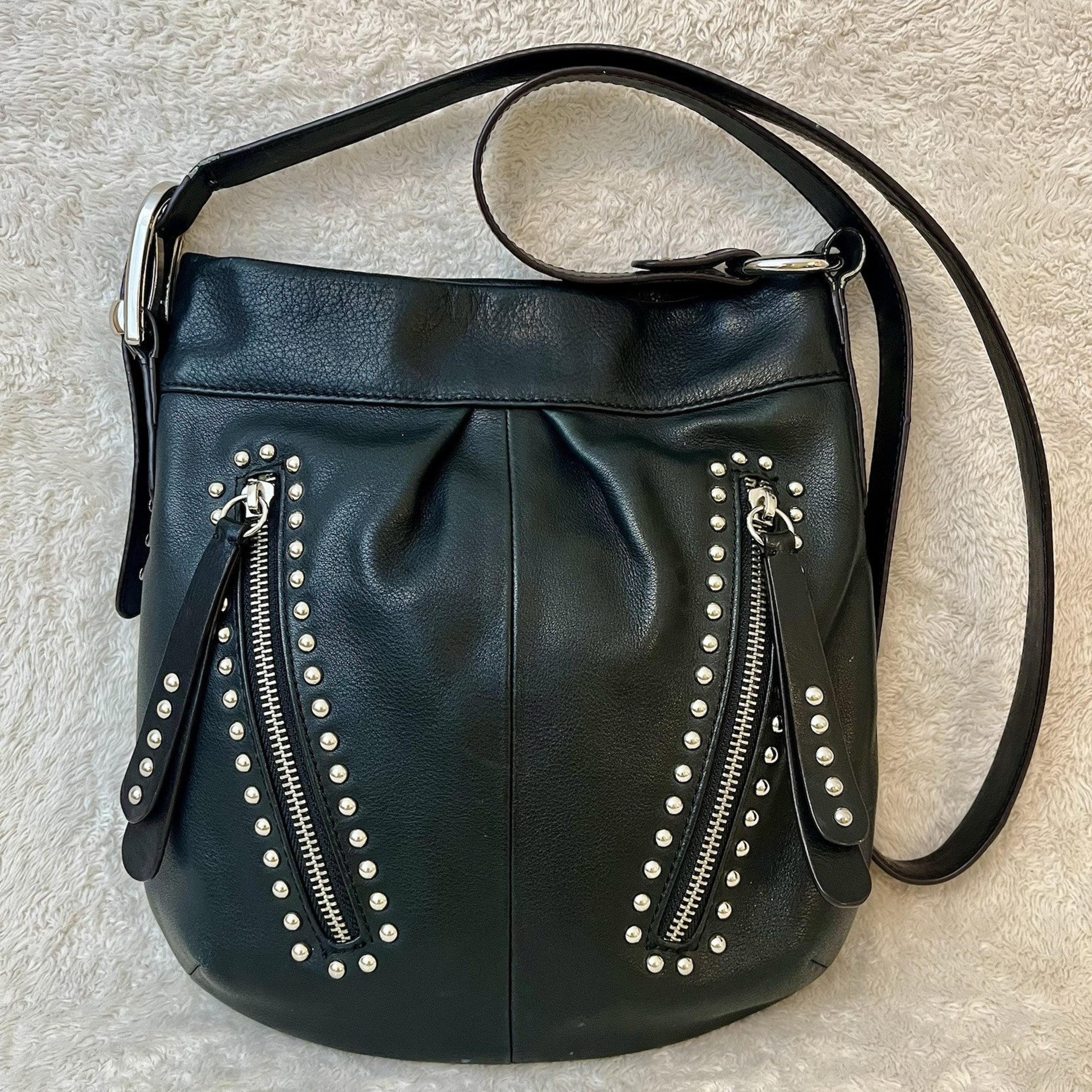 B Makowsky Crossbody Bag Black Leather Silver Studded Handbag Biker READ