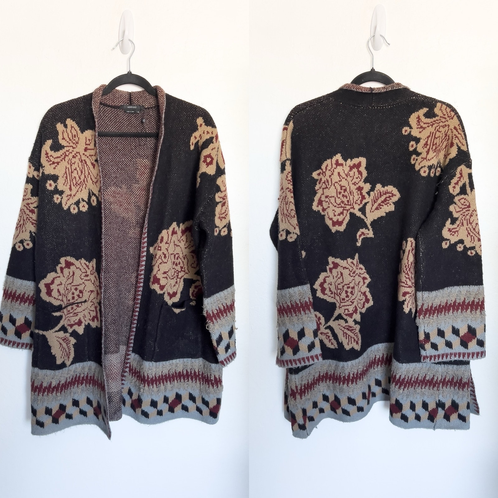 Vertigo Open Knit Cardigan Floral Intarsia XL Black Boho