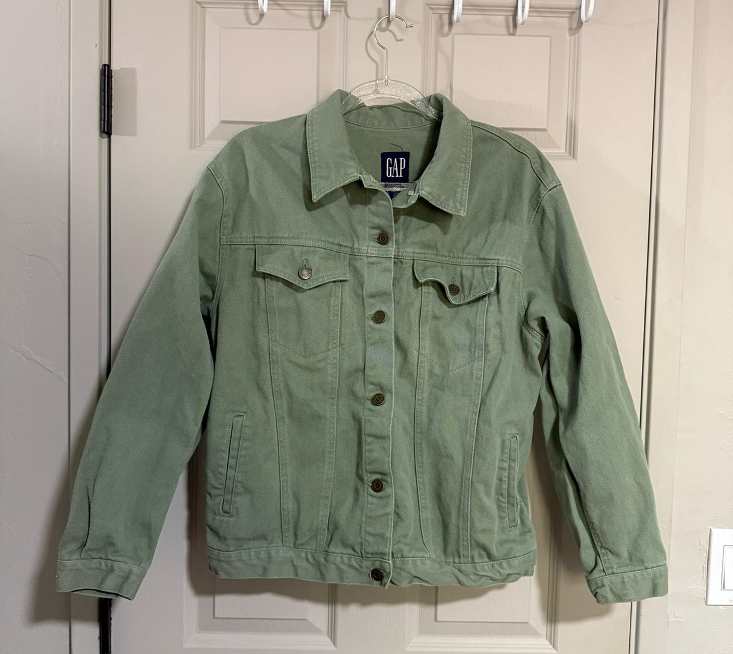 Gap Denim Jacket Sage Green Jean Jacket Women’s Sz L Adjustable Buttons Pockets