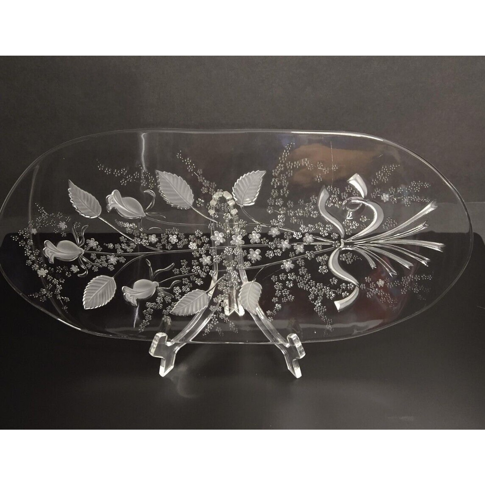 Fleur by William Fraser Oval Glass Canape Tray Etched Floral 15.75