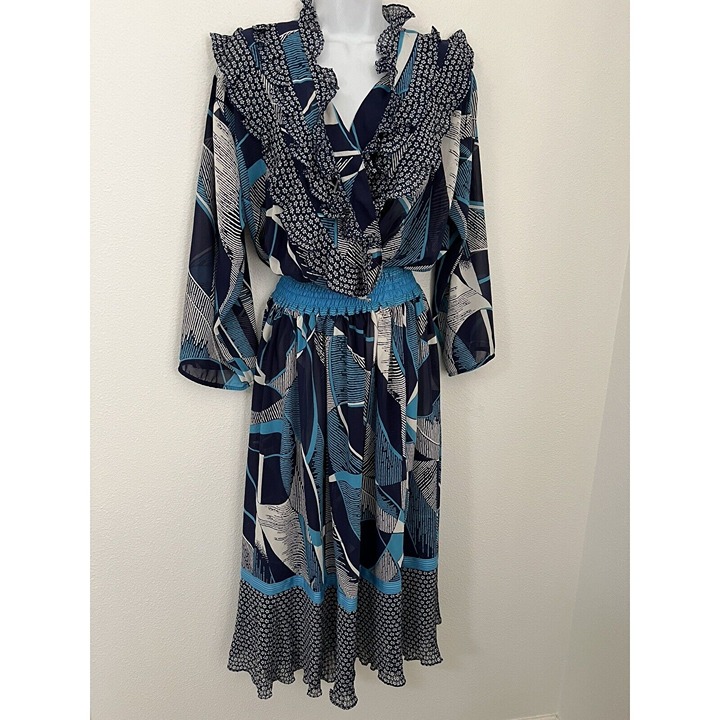 Vintage Lachine 80s Dress Boho Floral Patchwork Faux Wrap Maxi MIDI Dress M