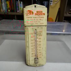 Vintage Red Devil’s Lighter Fluid & Flints Tin Thermometer Cincinnati 7.75