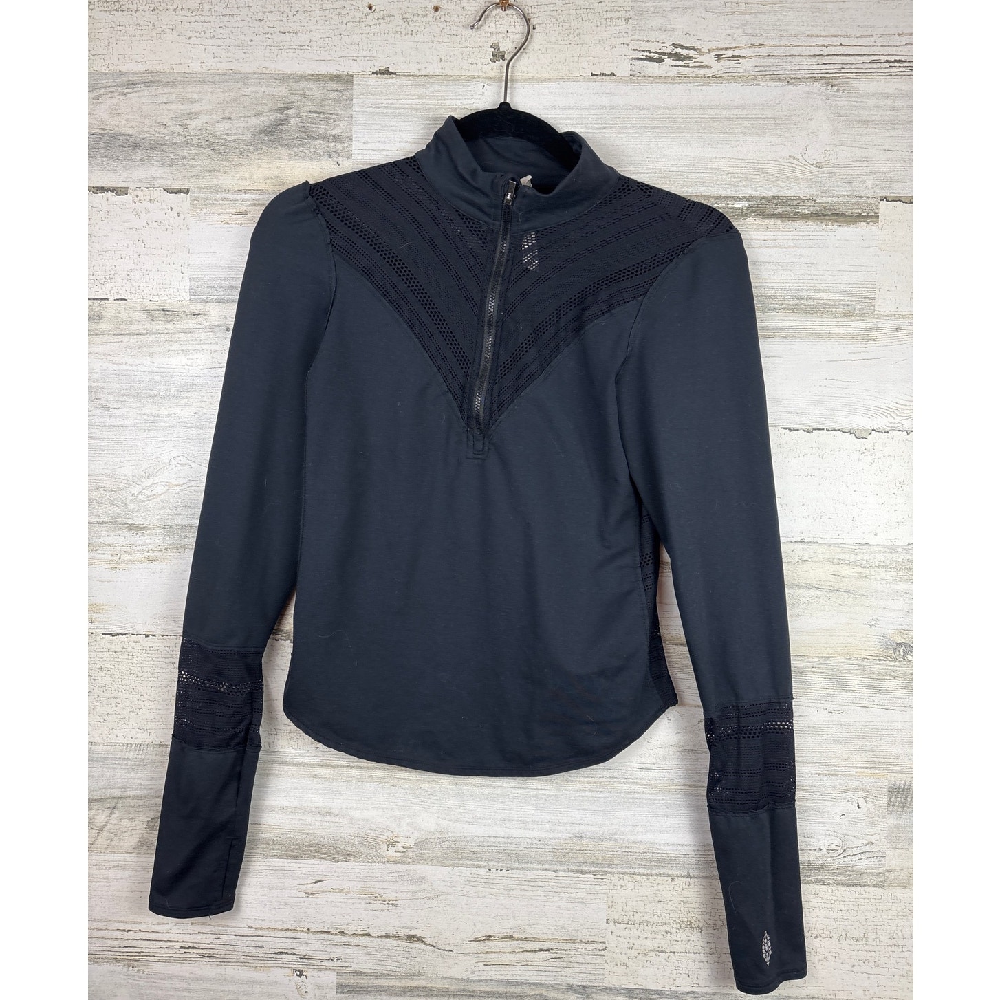 Free People movement women small black long sleeve 3/4 zip lace top shirt gym