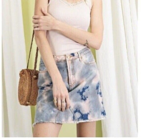 New Anthropologie Small S Easel Tie Dye Denim Cotton Jean Boho Mini Skirt