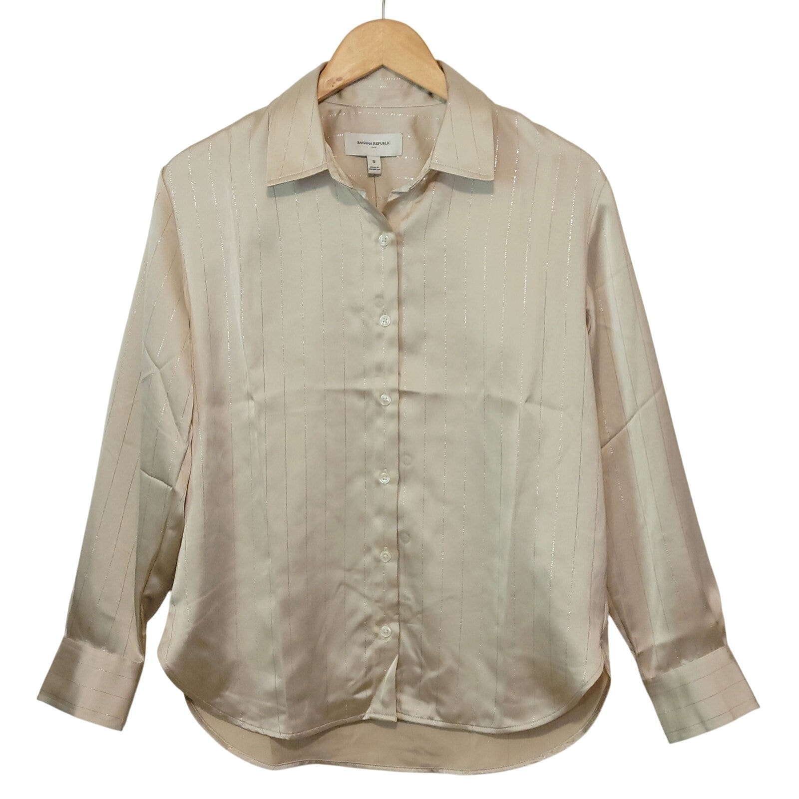 Banana Republic Satin Pinstripe Button Down Shirt Gold Metallic Blouse Career S