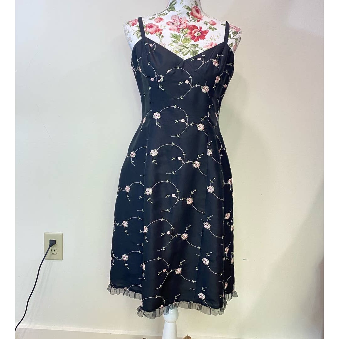 Adriana Black Silk Flower Embroidered Midi Dress, Cocktail, Party, Weeding 8