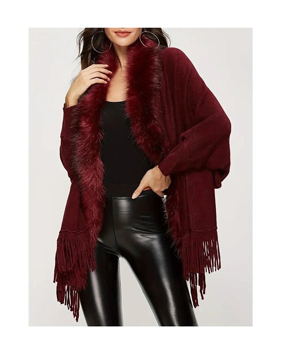 Faux Fur Trim Fringe Hem Cardigan, Open Front Batwing Sleeve Cardigan SZ S/M New