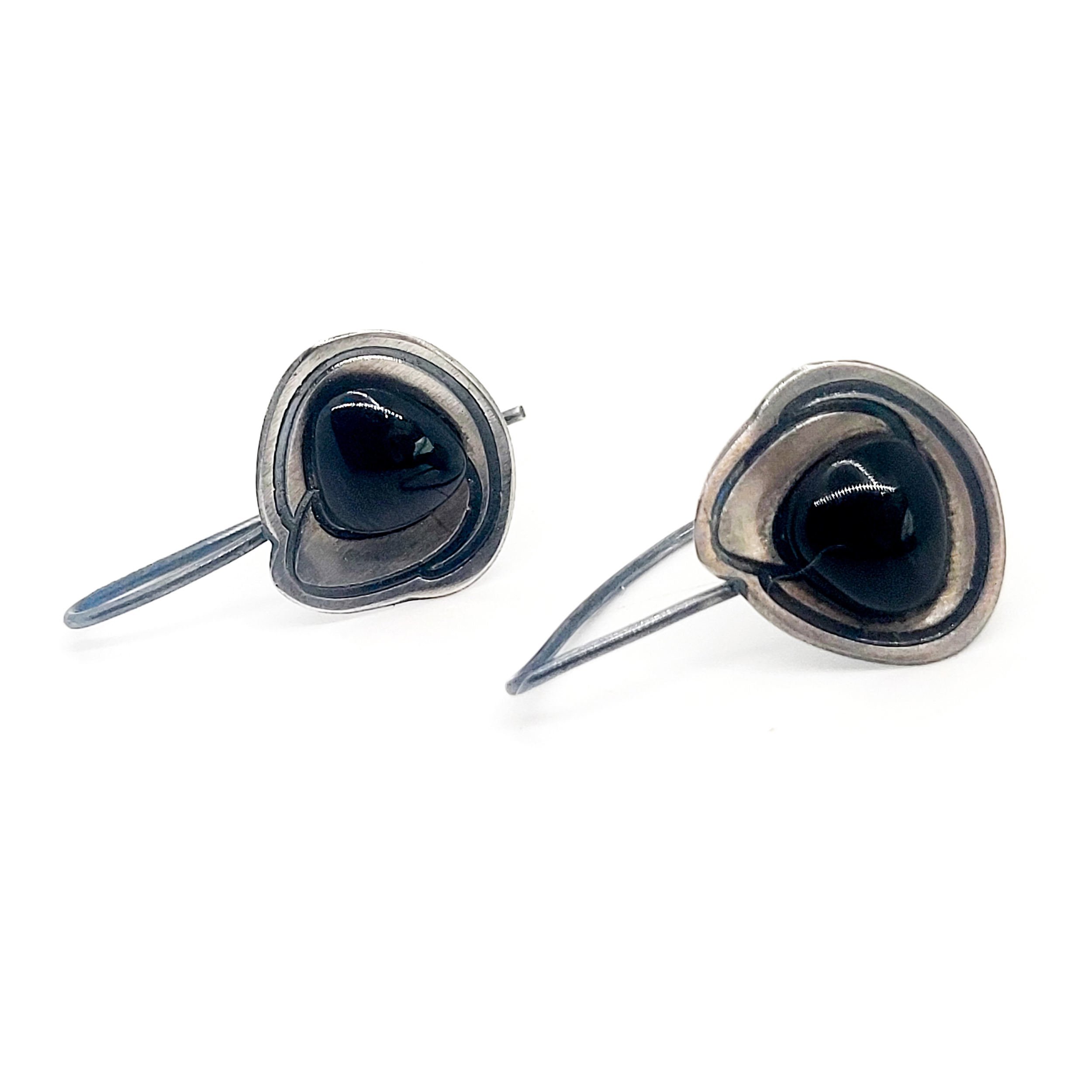 Modernist abstract black onyx sterling silver vintage drop earrings signed