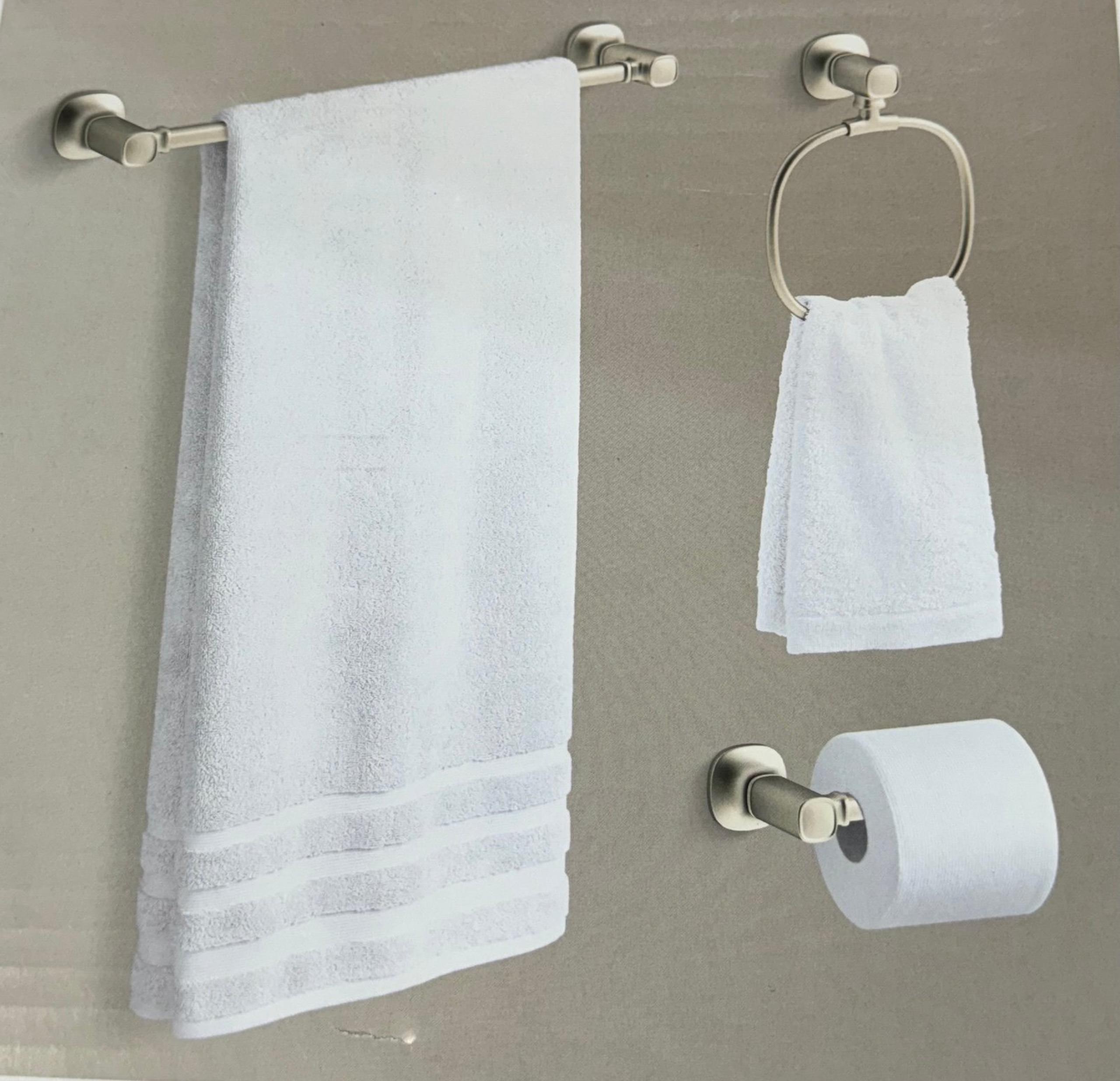 Koehler Three-piece bathroom set towel bar, ring, paper holder nickel