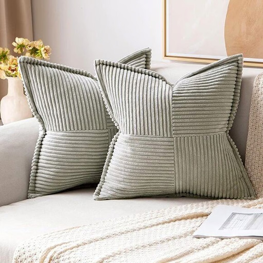 NEW Set of 2 Light Grey Corduroy Pillow Covers 18 x 18 inch with Splicing