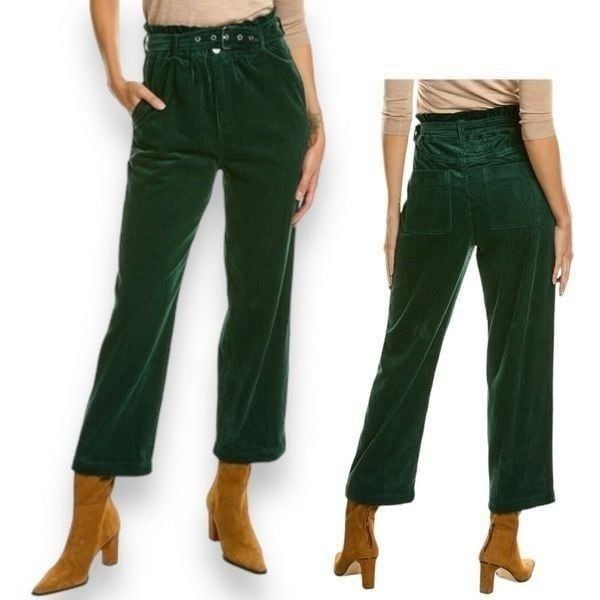 Blank NYC Pants WMNS 25 Green Corduroy Straight High Waisted Belt Preppy Festive