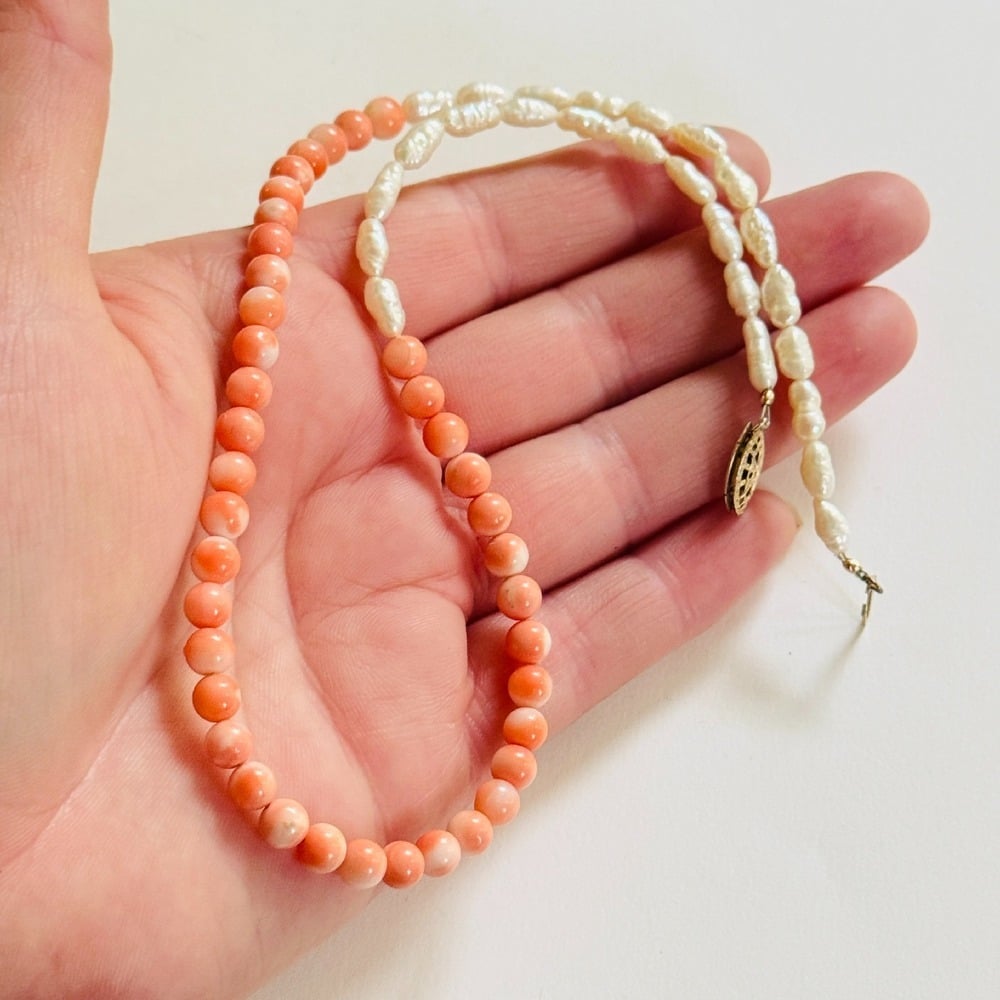 VTG Coral Freshwater Pearl Necklace Pink Genuine Natural Beads Rare Choker 5mm