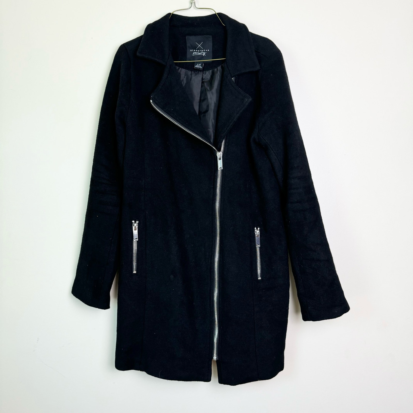 SWS Streetwear Society black asymmetrical silver zipper wool feel coat LARGE