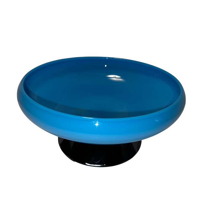 Vintage Fenton Blue Milk Glass Pedestal Bowl With Glossy Black Base